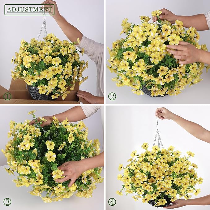 GLIDLION Artificial Flower & Eucalyptus with Hanging Basket - 2PCS Faux UV Sun Resistant Morning Glory in Planter, Fake Colorful Silk Flowers for Spring Summer Porch Patio Balcony Yard Decor (Yellow)