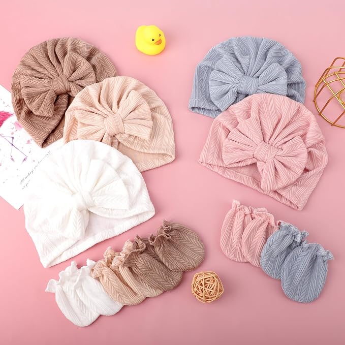 BQUBO Baby Turban Hats and Mittens Set Newborn Infant Hospital Hats Caps with Bows for Baby Boys Girls 0-12 Months