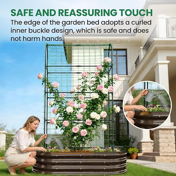 SUNYRISY Galvanized Raised Garden Bed with 71in Arch Trellis for Climbing Plants, Outdoor Planter Box with Climbing Net for Gardening Flowers Vegetables Fruits Herbs, Wood Grain