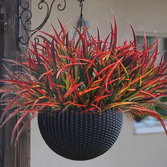 12 Bundles Fake Fall Outdoor Plants Artificial Grass Fall Stems Faux Plastic Fall Shrubs for Home Garden Pathway Window Box Front Porch Cemetery Fall Decor, Autumn Red
