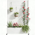 Metal Planter Box with Trellis Privacy Screen, Raised Garden Bed with Trellis & Wheels, Privacy Planters for Patio, Planter Box with Drainage Holes for Climbing Plants, 73"x 47"x 16", White