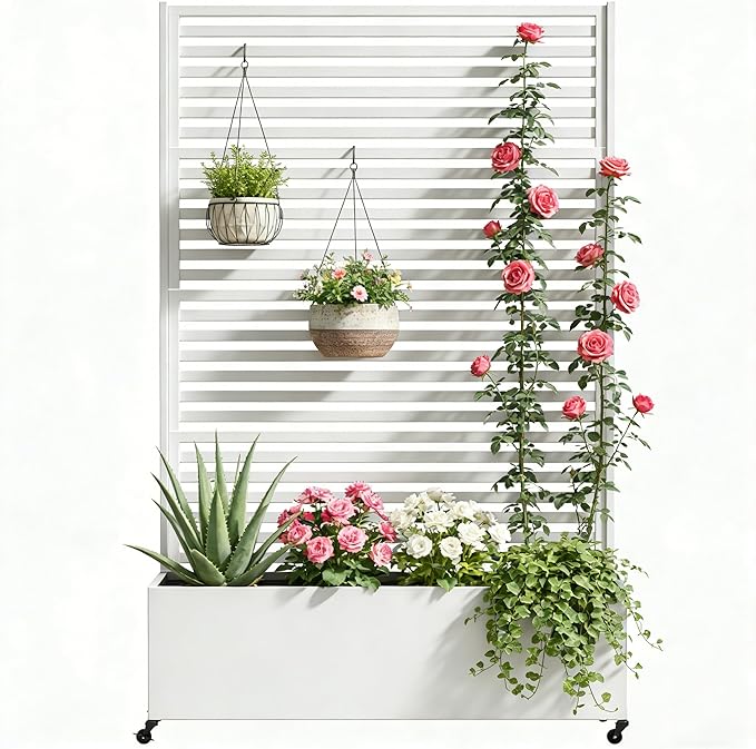 Metal Planter Box with Trellis Privacy Screen, Raised Garden Bed with Trellis & Wheels, Privacy Planters for Patio, Planter Box with Drainage Holes for Climbing Plants, 73"x 47"x 16", White