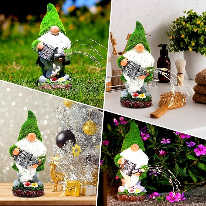 VChymm Flocked Solar Garden Gnomes Outdoor Statues-11.8‘’Outdoor Garden Decor-LED Outdoor Decor Light-Unique Housewarming Gifts Yard Art Sculptures for Patio Lawn Ornaments