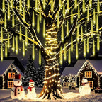 Weepong Christmas Lights Outdoor Falling Rain Meteor Shower Lights 12 inch 8 Tube 192 LED Snowfall Icicle Cascading String Light for Xmas Tree Christmas Decorations Holiday Garden, UL Plug,Warm White