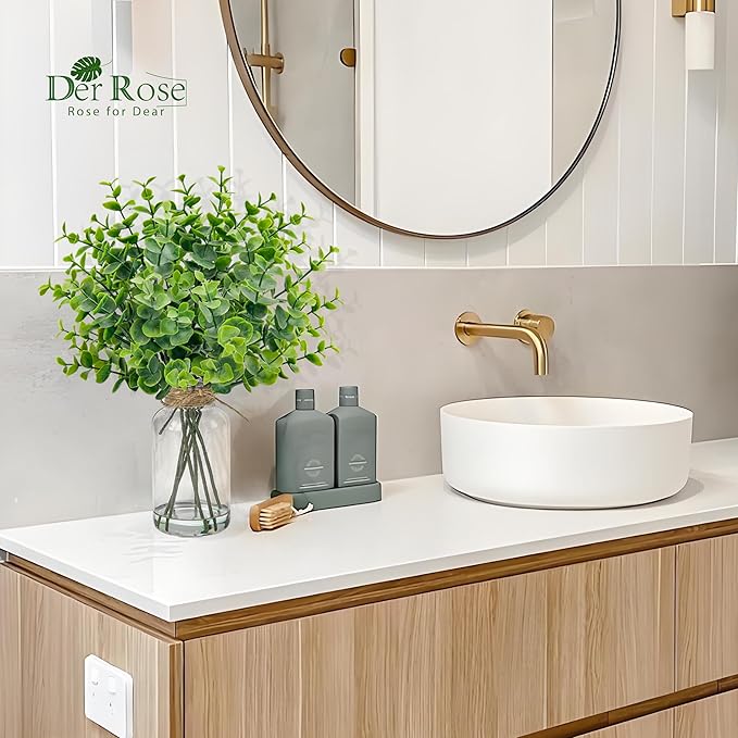 Der Rose 14.5" Fake Plants for Bathroom Decor Artificial Eucalyptus Stems in Clear Glass Vase with Faux Water for Office Desk Accessories Home Wedding Decor