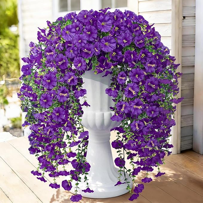 Artificial Hanging Flowers for Outdoors, 2 PCS 300 Blooms UV Resistant Morning Glory Faux Silk Vines, No-Odor Realistic Fake Plants for Garden Planter Porch Patio Decoration, Purple