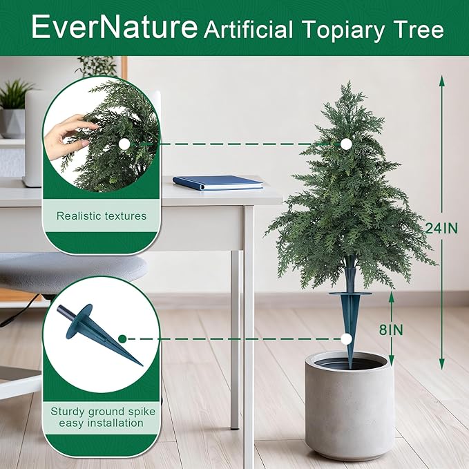 Artificial Cedar Topiary Trees with Ground Spike, 2 Pack Fake Pine Shrubs Bushes, UV Resistant Faux Evergreen Cypress Tree Plants for Indoor Outdoor Planters Front Porch