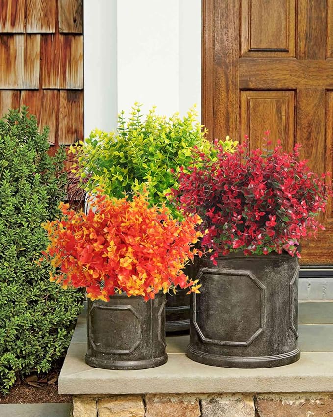 RECUTMS Artificial Outdoor Mums Artificial Eucalyptus Stems Faux Outdoor Boxwoods Faux Flowers for Outside Planters Outdoor Fake Potted Plants Faux Ferns for Spring Planter Large(Gold Eucalyptus)