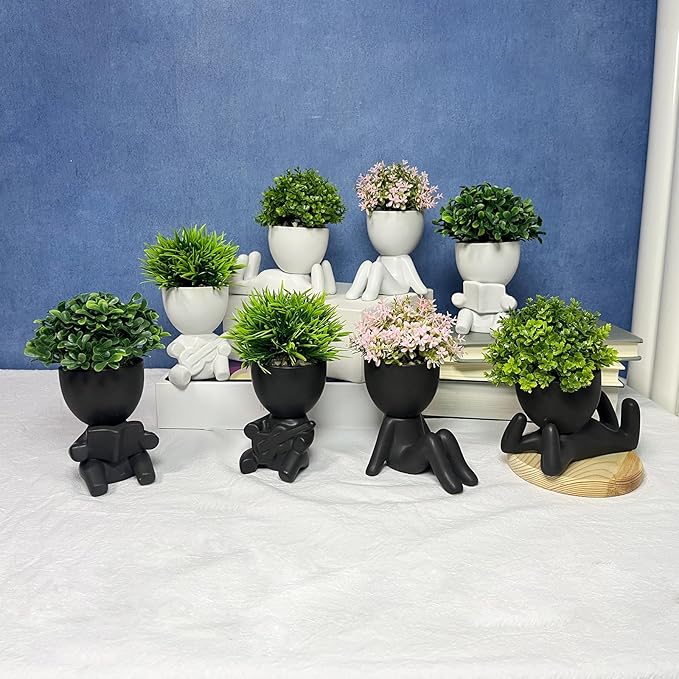 4 Packs Creative Fake Plants Artificial Succulents in Ceramic Human Shaped Pots – Funny Premium Ceramic Faux Succulent Pots for Home & Office Desk Decor, Perfect Humorous Gift Idea (4, Black)