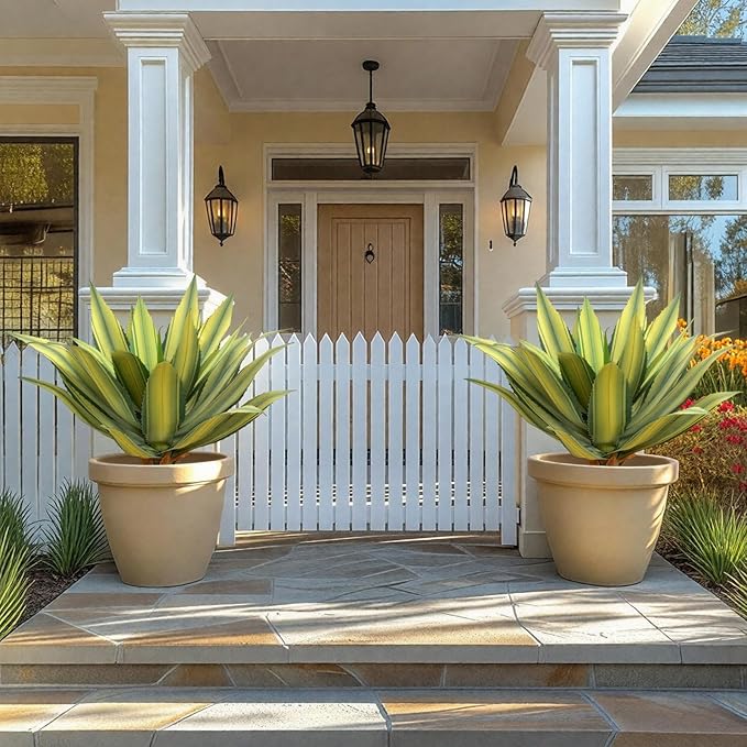 Artificial Spiked Agave Plant Outdoor 28” Tall, Large UV Resistant Fake Agave Plants with 23 Pre-Dusted Leaves, Faux Succulents Plant for Home Front Porch Patio Garden Indoor Decor 2Pack