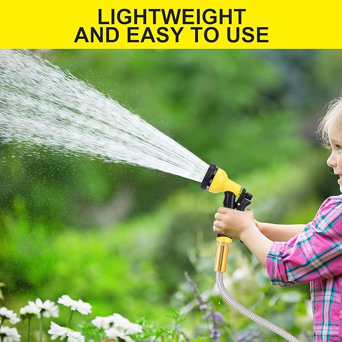 FOXEASE Metal Garden Hose 100FT - Stainless Steel Heavy Duty Water Hose with Solid Metal Nozzle & 8 Function Sprayer, Portable & Lightweight Kink Free Yard Hose, Outdoor Hose