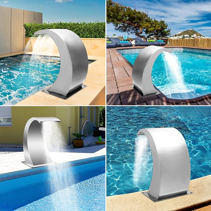 Pool Waterfall Fountains, Stainless Steel Rectangular Pool Waterfall Spillway with Pipe Connector for Indoor/Outdoor Decorative (7.9 Inch)