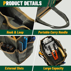 Tool Tote Bag, Heavy Duty 16oz Waxed Canvas Garden Tool Bag | Portable 11-Pocket Tool Storage Bag for Gardener Electrician Contractor Repairman (14"L x 5.5"W x 10.5"H) – Army Green