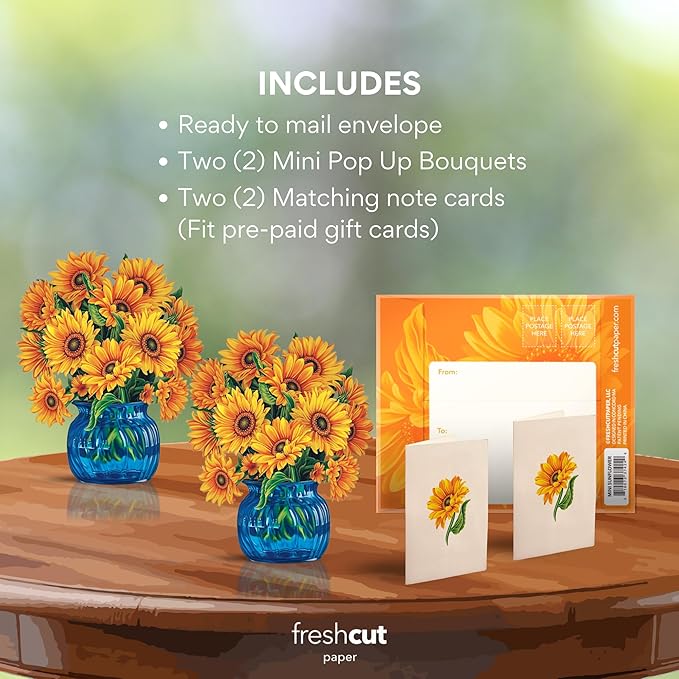 Freshcut Paper Pop Up Cards, Mini Sunflowers (Set of 2), 6 Inch Mini Sized Forever Flower Bouquet 3D Popup Greeting Card, Birthday Cards, Thank You Card, Blank Notecard & Envelope