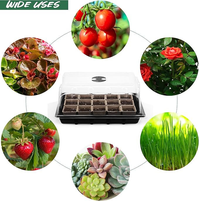 Hahood 4 Pack Seed Starter Tray Set Plants Growing Trays Peat Pots for Seedlings with Seed Starter Pots, Plastic Germination Tray, Plant Labels, Tool for Flower Vegetable Planting, Black