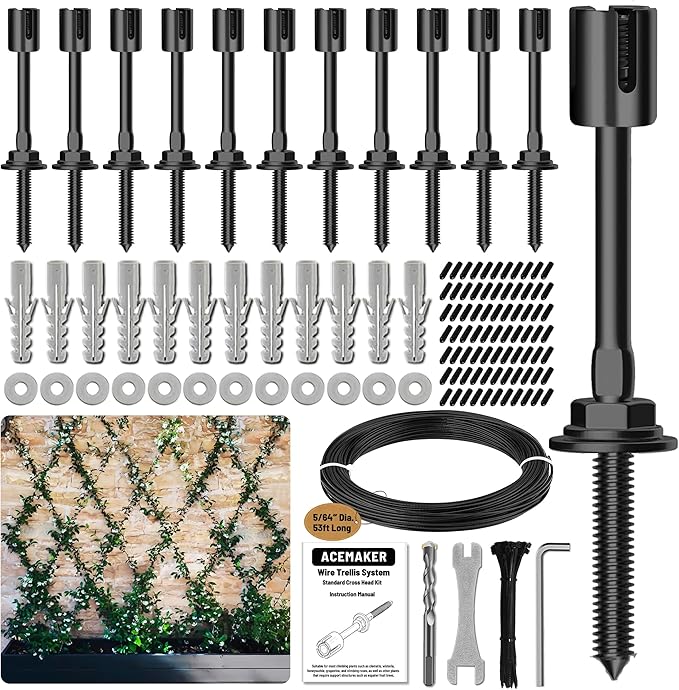 12-Set Black 5/64" (2mm) Wire Trellis for Climbing Plants Outdoor with 53ft Vinyl Coated Cable, T316 Stainless Steel Wall Wire Trellis Kit