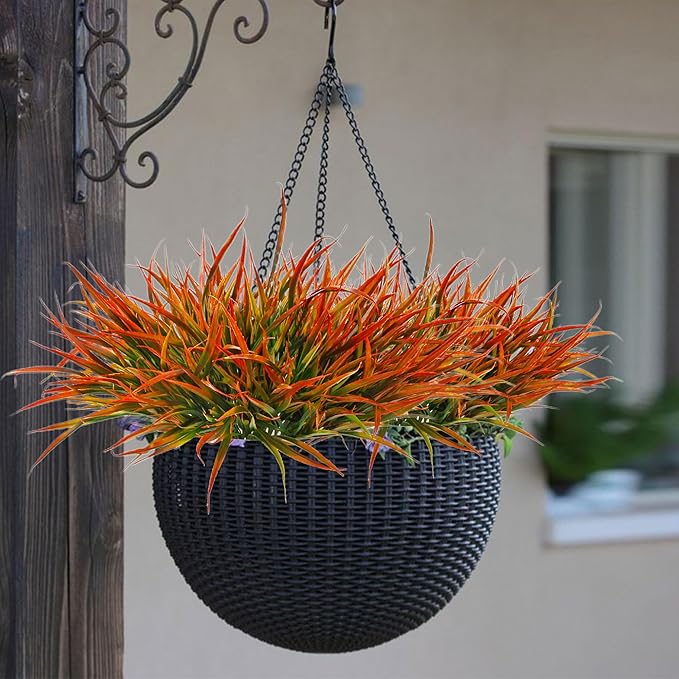 12 Bundles Fake Fall Outdoor Plants Artificial Grass Fall Stems Faux Plastic Fall Shrubs for Home Garden Pathway Window Box Front Porch Cemetery Fall Decor, Autumn Orange