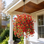 Fake Artificial Hanging Flowers for Outdoors Fake Plants Decoration, 2 Bundles Faux Silk Colorful Daisy Eucalyptus Realistic UV Resistant for Outside Home Planter Porch Patio Yard Decor(Red Orange)