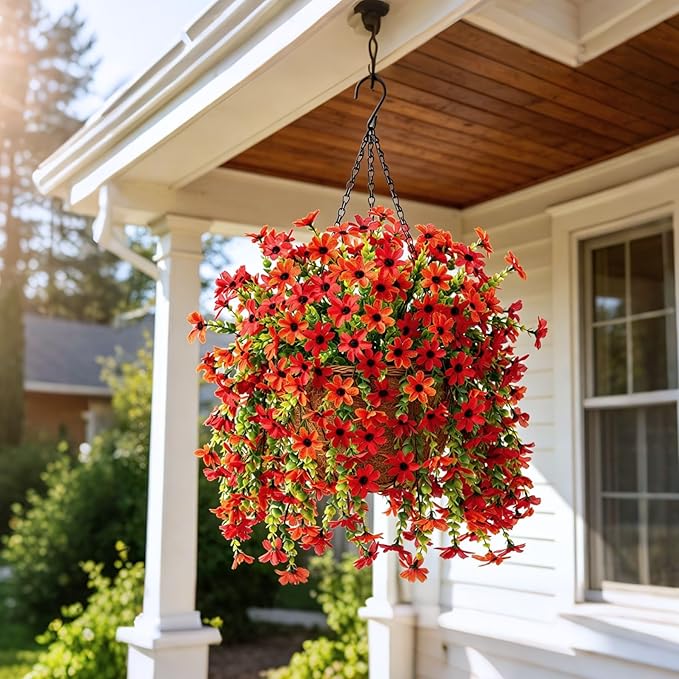 Fake Artificial Hanging Flowers for Outdoors Fake Plants Decoration, 2 Bundles Faux Silk Colorful Daisy Eucalyptus Realistic UV Resistant for Outside Home Planter Porch Patio Yard Decor(Red Orange)