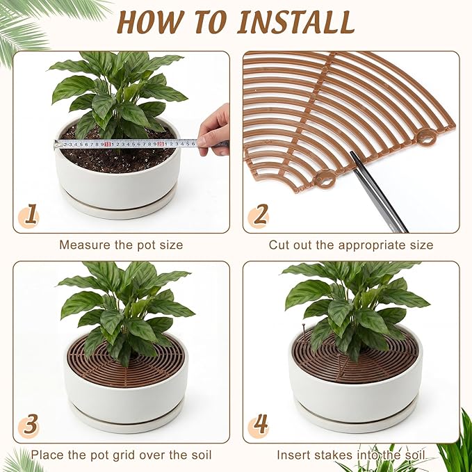 Nuanchu 6 Pcs Plant Pot Covers Grid Soil Protector from Animals 11.8" Cuttable Flower Protector Cat Digging Stopper Plant Pot Cover with Stakes for Indoor Outdoor Gardening, Round Square(Brown)