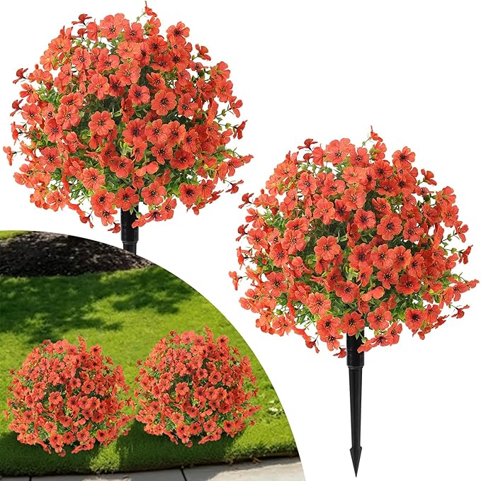 Alupssuc 2Pcs 20" Artificial Topiary Ball Flowers for Outdoors Planters, Spring Decoration with Spike, UV Resistant Faux Summer Plants, Fake Bushes Indoor Decor, Orange for Garden, Porch & Patio