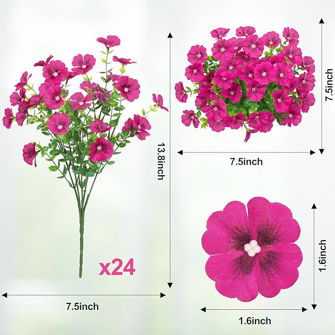 24 Bundles Artificial Flowers for Outdoors Fake Silk Flowers UV Resistant Faux Plants Eucalyptus for Spring Summer Decoration Planters Table Vase Garden Yard Porch Window Home Decor, Fuchsia