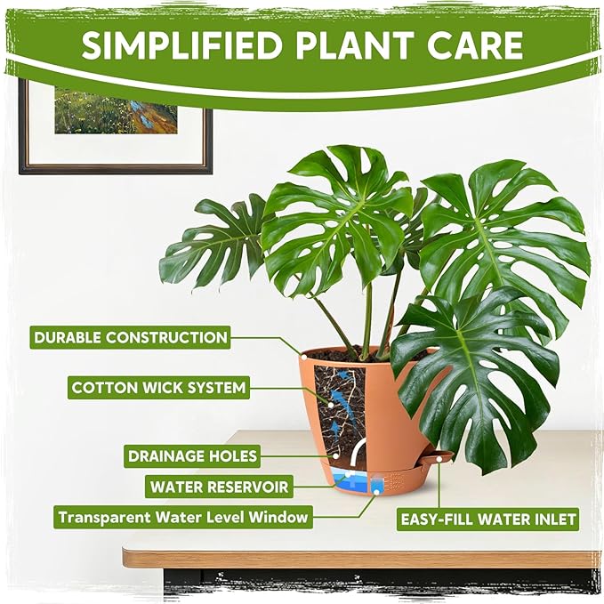 Self Watering Pots for Indoor Plants (5/5.5/6/6.5/8 Inch), Terra Cotta Planters with Water Level Indicator & Drainage,Wicking Pots for Monstera, Herbs & Snake Plant (Terra Cotta, 5/5.5/6/6.5/8 Inch)