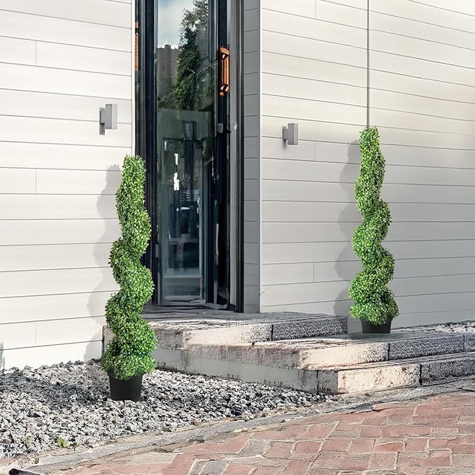 VEVOR Artificial Boxwood Spiral Topiary Trees, 4ft Tall (2 Pieces) Faux Plant Outdoor, All-Year Green Fake Plant with Replaceable Leaves for Decorative/Indoor/Porch/Garden