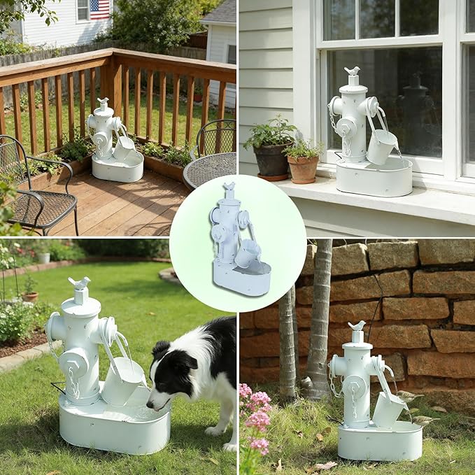 Metal Fire Hydrant Solar Water Fountain with Backup Battery,Solar Powered Water Fountain Outdoor,Solar Fountain Bird Bath for Garden, Patio & Yard Decor,Working at Night for at Least 6 Hours (White)
