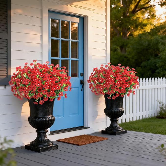 24 Bundles Artificial Flowers for Outdoors Fake Silk Flowers UV Resistant Faux Plants Eucalyptus for Spring Summer Decoration Planters Table Vase Garden Yard Porch Window Home Decor, Red