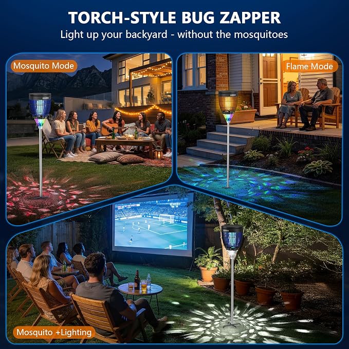 Solar Bug Zapper Outdoor, Jinyeda 4200V Mosquito Zapper with RGB Projector & Flame Lights, Cordless Mosquito Killer, USB Rechargeable Fly Insect Trap Waterproof Lighting Decor for Patio, Garden, Yard