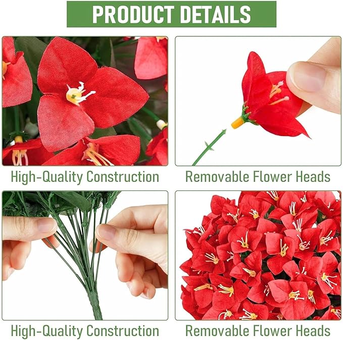 ATTGREAT Artificial Bougainvillea for Outdoors Faux Plants UV Resistant Flowers Fake Plastic Plants Realistic Silk Flowers for Porch Planter Garden Outside Hanging Decoration, 2Pcs (Red)