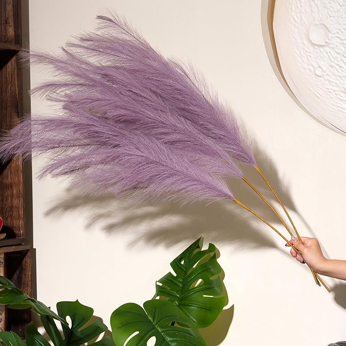 Premium Faux Lilac Purple Pampas Grass – 43.3" Tall Fluffy Decor, 8pcs 18-Branch One-Piece Stems No Assembly, Luxury Silk-Feel Feather Flowers for Boho Wedding Dreamy Home Decor, Lavender 8 Stems110cm
