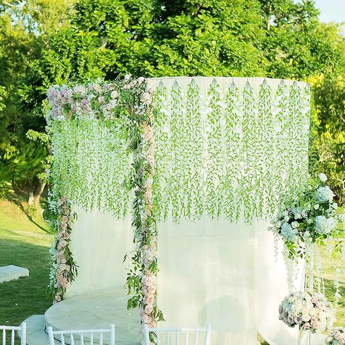 PASYOU Artificial Hanging Vines, Fake Simulation Weeping Willow Plants Decor Greenery Leaves Ivy for Wedding Indoor Outdoor Home Garden Balcony Patio Planter Filler DIY Decoration - Green 10 Pack