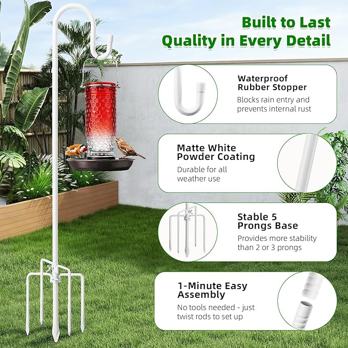 62" White Shepherds Hooks for Outdoor, Bird Feeder Pole with 5 Prong Base, Adjustable Height Shepherds Hook for Hummingbird Feeder, Bird Feeder, Lightweight Plant, Wind Chimes, Lanterns (1 Pack)
