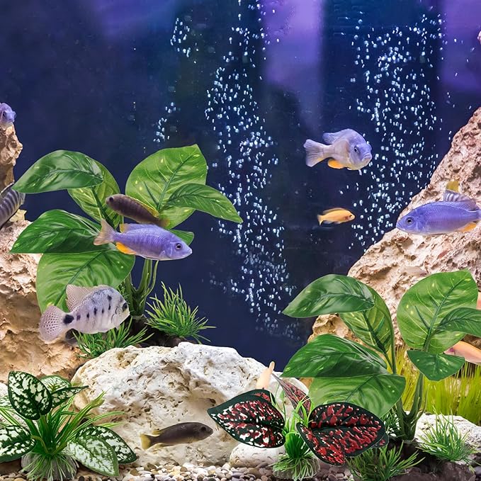 Moonorange Reptile Artificial Plants, Terrarium Plants Decorations Supplies, Aquarium Fish Tank Plant, Amphibian Habitat Hideout Tank Accessories (M Set-4pcs/G)