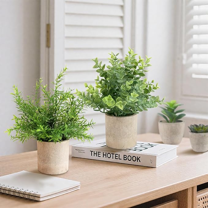 ALAGIRLS 4 Pack Small Fake Plants, 10" Artificial Plants Indoor Eucalyptus/Rosemary/Succulents, Small Faux Plants in Pulp Pot,for Farmhouse Decor, for Bathroom Bedroom Kitchen Office Living Room Decor