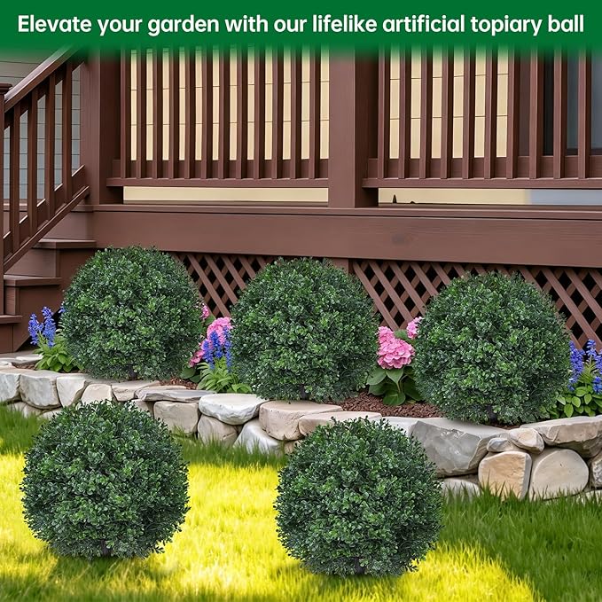 Artificial Boxwood Topiary Trees with Ground Spike,4 Pieces Fake Boxwood Ball Shrubs Bushes, UV Resistant Faux Evergreen Cypress Tree Plants for Indoor Outdoor Planters Front Porch