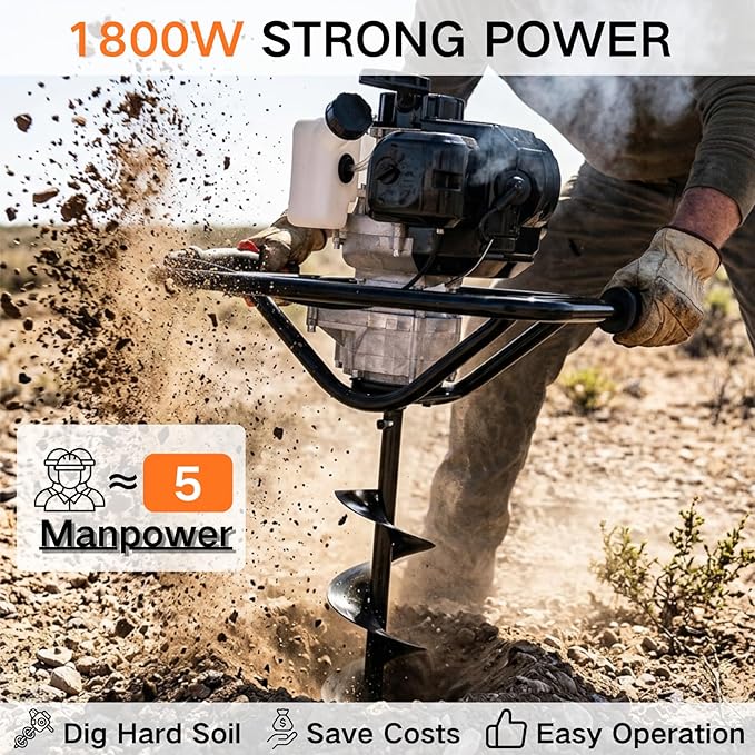 DC HOUSE 52cc 1800W Gas Powered Earth Auger EPA Certified Post Hole Digger, with 3 Drill Bits 4" 6" 8" and 3 Extension Rods 8" 12" 20", Mixing Ratio 30:1, for Fence, Farmland and Garden