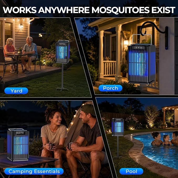 Solar Bug Zapper Outdoor, Solar Mosquito Zapper Outdoor with Ground Bracket, AUTO On/Off Solar Fly Zapper with Illuminated Light, Rechargeable Cordless Mosquito Traps for Camping Paito Backyard Garden