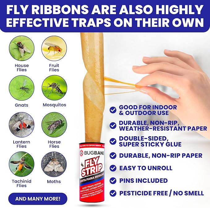 2 Fly Traps Outdoor Fly Trap for Patio with 4 Non-Toxic Dissolvable Bait Refills and 12 Sticky Ribbons. Reusable Hanging Bug Catcher Killer for All Filth Flies for Outside Bug Control Yard Ranch