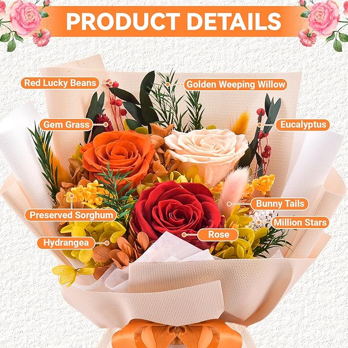 Gnifot Preserved Flowers Bouquet, Flowers for Delivery,Handmade Orange Rose Bouquets Lasting 3-5 Years, Luxury Gift Box,Birthday Flowers Gifts for Women Mom Grandma Wife Friends