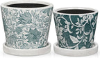 Set of 2 Ceramic Blue and White Plant Pots with Drainage Hole and Saucers, Vintage Farmhouse Accent Planters for Indoor Plants, Round Flower Pots Rustic Succulent Pot Terracotta Tubs 5.7/4.7 Inch