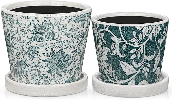 Set of 2 Ceramic Blue and White Plant Pots with Drainage Hole and Saucers, Vintage Farmhouse Accent Planters for Indoor Plants, Round Flower Pots Rustic Succulent Pot Terracotta Tubs 5.7/4.7 Inch