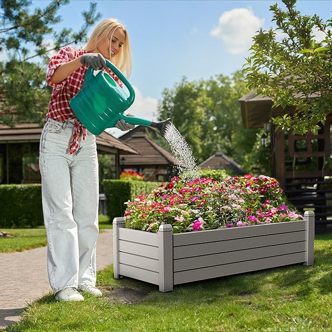 Durable Resin Raised Garden Bed with Drainage Holes & Reinforced Corners - Lightweight Flower Boxes Outdoor for Vegetables, Herbs, and Patio Garden Enclosure System (Grey, 43.31 * 17.72 * 12.6)