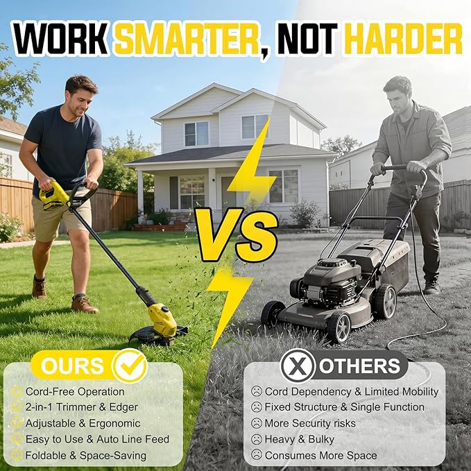 Cordless Weed Wacker, 21V Battery Powered Grass Trimmer & Edger 2-in-1, Electric Weed Wacker with 2 × 2.0Ah Batteries and 8 × Spare Spools, Lightweight Edger Lawn Tool for Yard & Garden