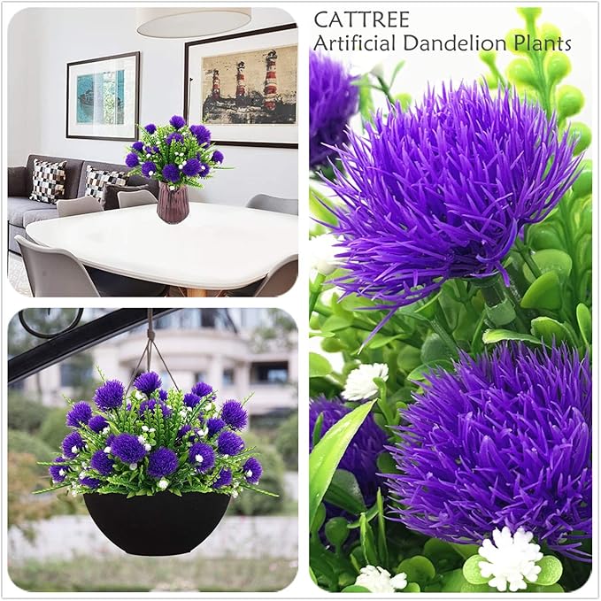CATTREE Artificial Dandelion Plants, Plastic Flowers Shrubs Bushes Fake Grass Wedding Indoor Outdoor Home Garden Verandah Centerpieces Arrangements Party Decoration Planting Filler - Purple 4 Pack
