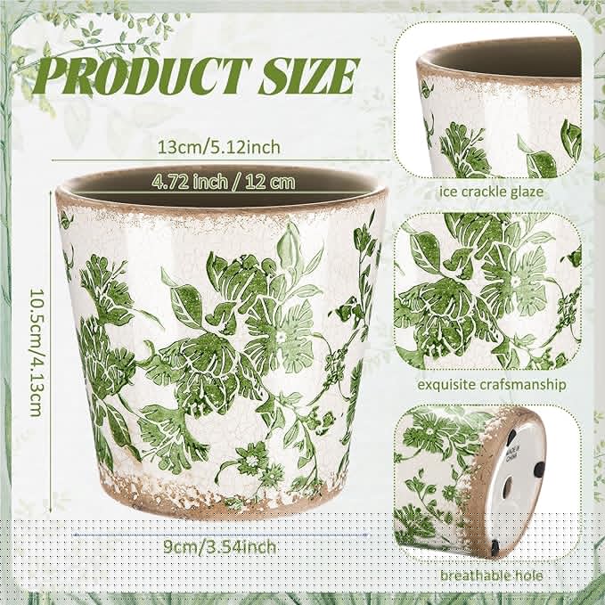 Beeveer Farmhouse Ceramic Planter 5.1 Inch Large Plants Pot Crack Beige Green Floral Vine Plant Pots with Drainage Hole Indoor Plants Kitchen Rustic Antique Decor Gift