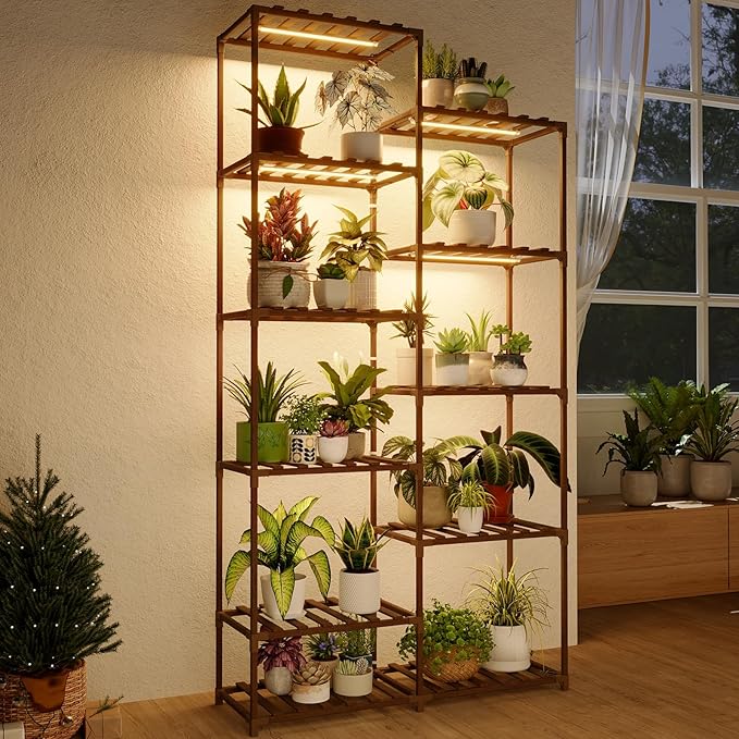 Bamworld Tall Plant Stand with Grow Lights Large Indoor Plant Shelf for Multiple Plants Pots Wood Flower Stand Flower Holder for Living Room, Patio, Balcony, Garden Decor, Brown