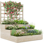3-Tier Elevated Garden Planter, Wooden Vertical Raised Bed with Trellis & Drainage Base – Ideal for Climbing Plants, Flowers, Herbs, Vegetables – Outdoor Planter Box for Patio, Yard, or Lawn